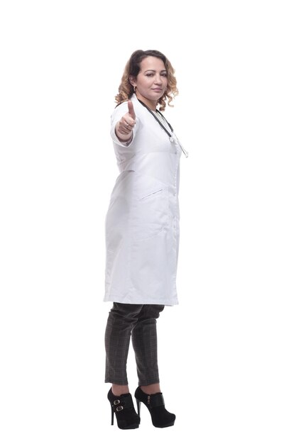 Young woman doctor with a stethoscope isolated on a white