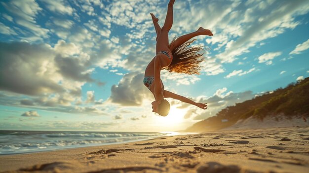 Photo a young woman does backflip on the sandy background