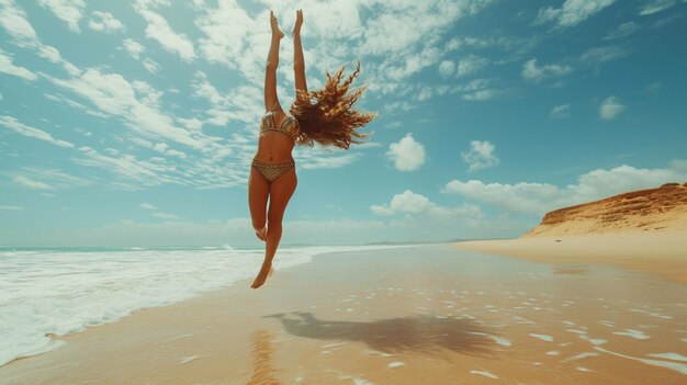 Photo a young woman does backflip on the sandy wallpaper