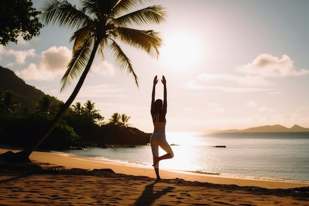 Photo a young woman does yoga in the sun at a tropical beach created with generative ai technology