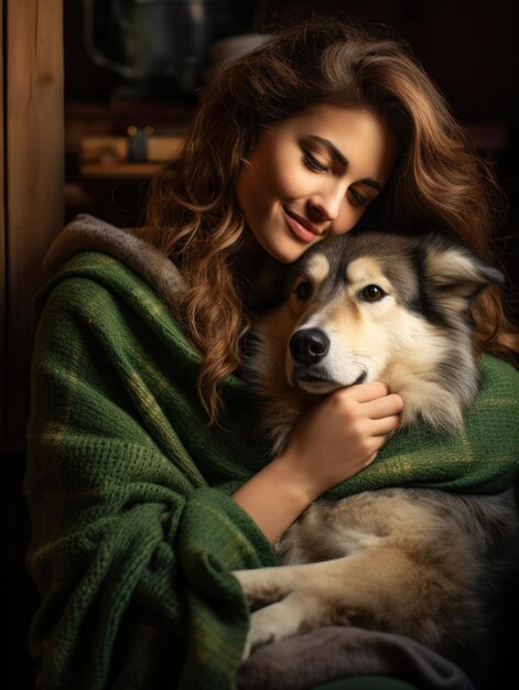 Photo young woman and dog at home hugging and kissing adorable pet