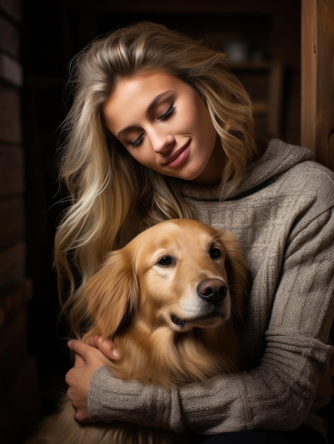 Young woman and dog at home hugging and kissing adorable pet