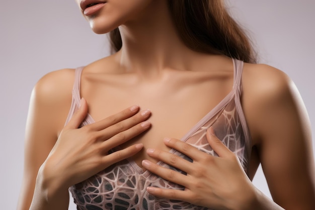 Photo young woman doing breast selfexam checking her breast at home breast cancer self check and awareness created with generative ai technology