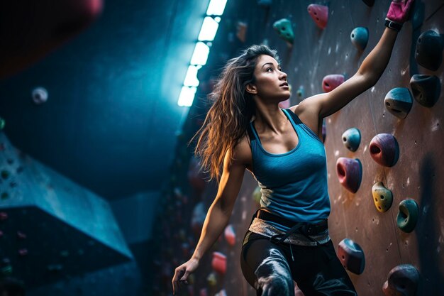 Photo young woman doing sports practicing rock climbing
