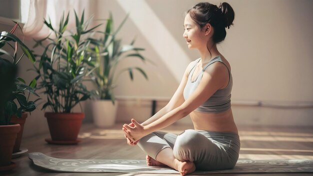 Young woman doing sukhasana exercise side view