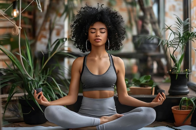 Young woman doing yoga in lotus position in a lotus pose