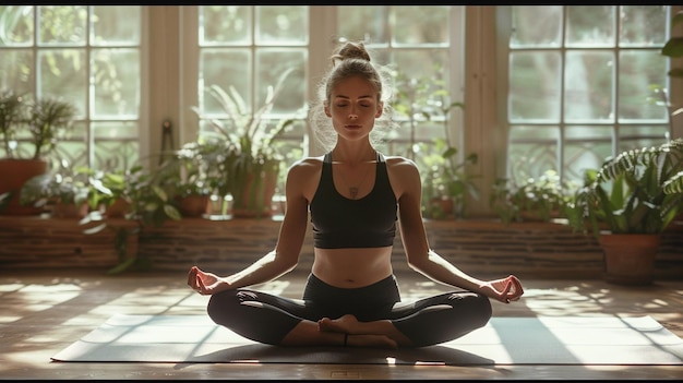 Young woman doing yoga in morning park Generative AI