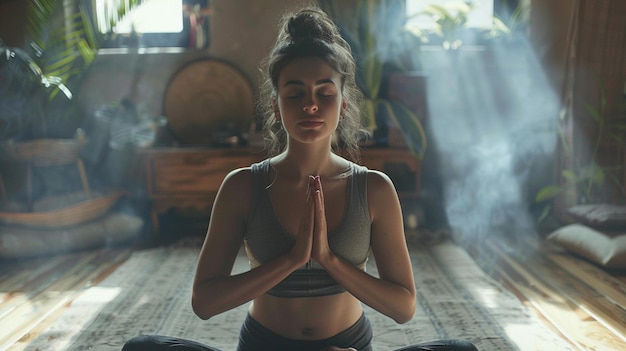 Photo young woman doing yoga in morning park generative ai