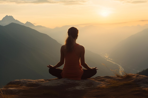 Photo young woman doing yoga sitting position on mountain background yoga exercise for wellness concept