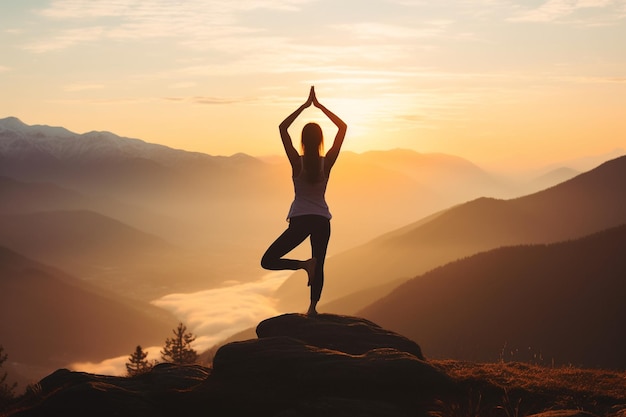Photo young woman doing yoga standing position on mountain background yoga exercise for wellness concept