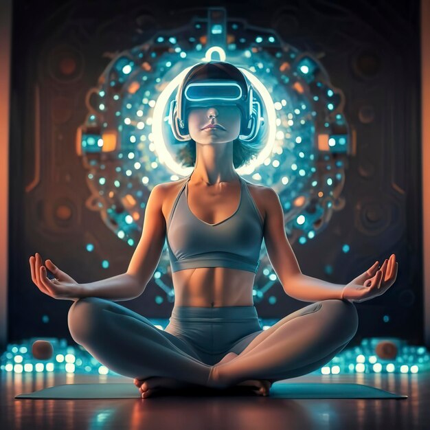 Foto giovane donna che fa yoga nello spazio virtuale concetto di salute e benessere del metaverso