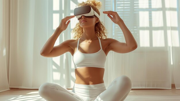 若い女性がリビングでVRヘッドセットでヨガをしています 健康的なライフスタイルとテクノロジーを融合させています