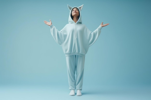 Young woman in domestic costume with hoody and animals ears isolated on plain pastel background