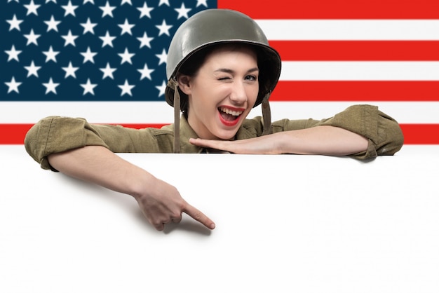 Young woman dressed in American ww2 military uniform 