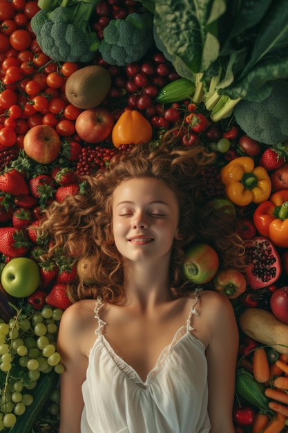 Фото Молодая женщина в платье лежит среди овощей и фруктов вегетарианская концепция еды генеративный ии