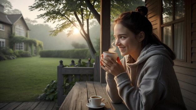 写真 young woman drinking coffee by the house