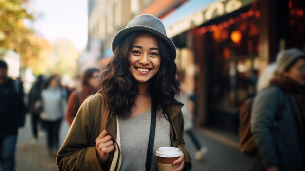Foto giovane donna che beve caffè in una strada affollata con in mano un caffè di carta