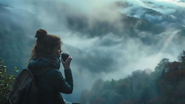 Photo young woman drinking from a cup and looking at the misty mountains