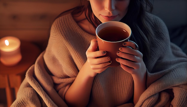 Foto giovane donna che beve tè caldo a casa pho professionale