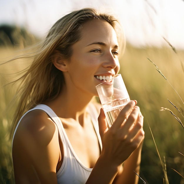 Foto giovane donna che beve acqua in un campo