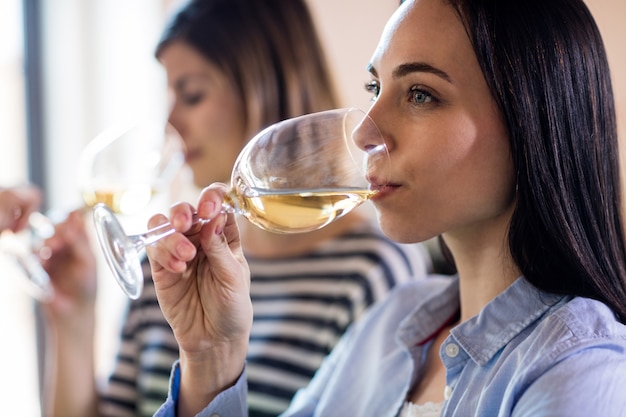 Young woman drinking wine with friends