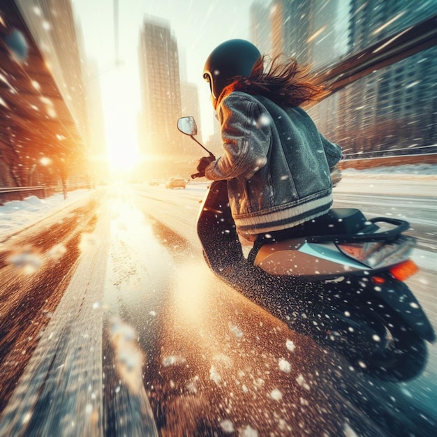 写真 若い女性は、冬には都市の交通渋滞の道路で吹雪の中で原付スクーターを運転します