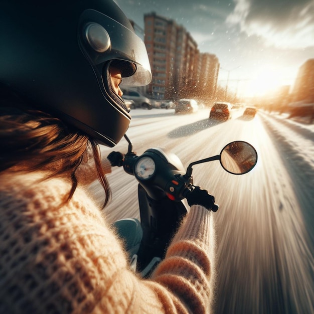 young woman drive moped scooter in snow storm in winter time in a city trafficked road