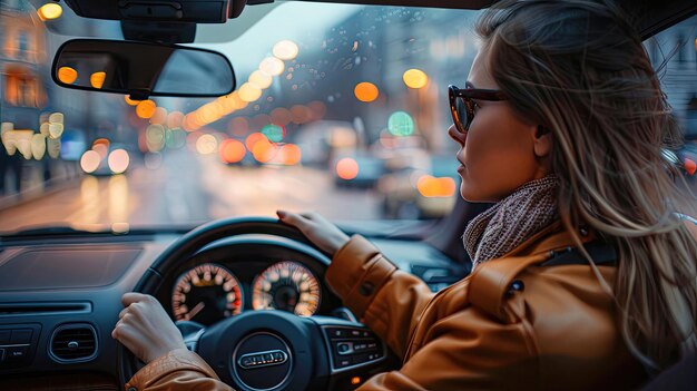 雨の日に街で車を運転する若い女性