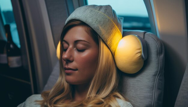 Young woman driving in car headphones on generated by AI