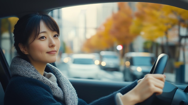 Photo 窓の向こうの街を眺めながら車を運転する若い女性