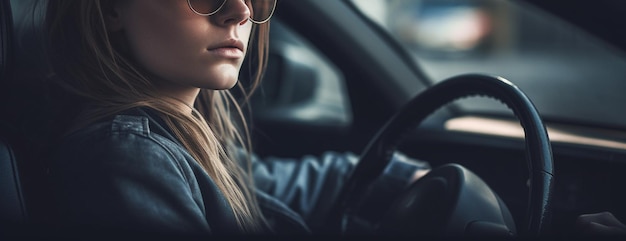 Young woman driving a car she is looking at the steering wheelgenerative ai