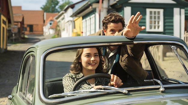 Young woman driving man pointing the direction