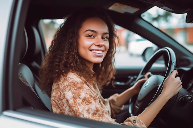 Young woman driving relaxed while having a chat Ai generated