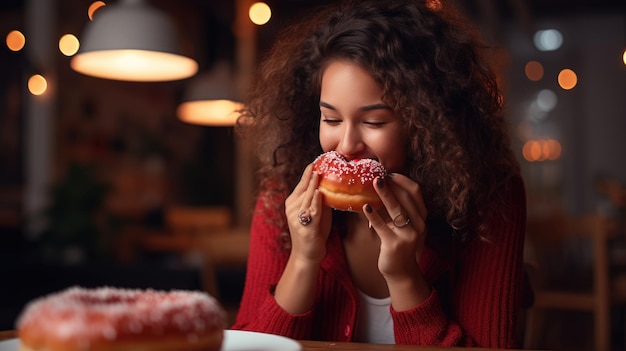 Фото Молодая женщина ест пончик.