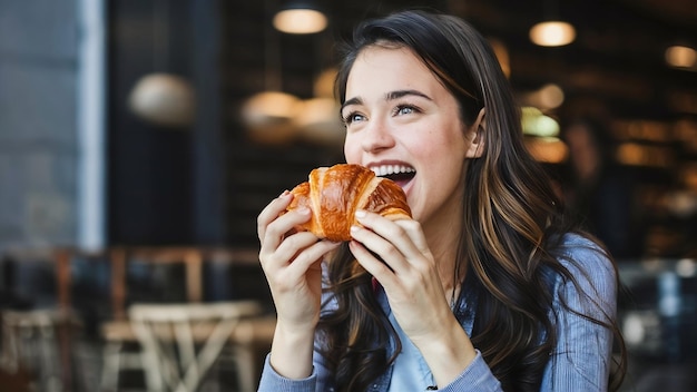 Young woman eating croissants at a cafe