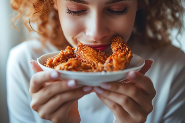 Photo young woman eating fried chicken