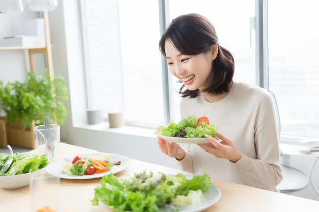 Photo young woman eating healthy food in kitchen