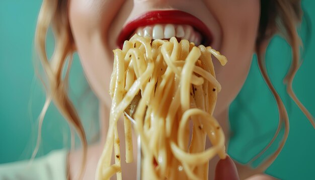 Foto young woman eating tasty pasta on green background closeup