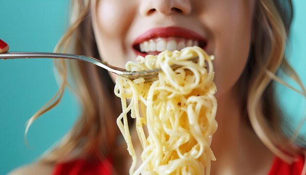 Foto young woman eating tasty pasta on green background closeup