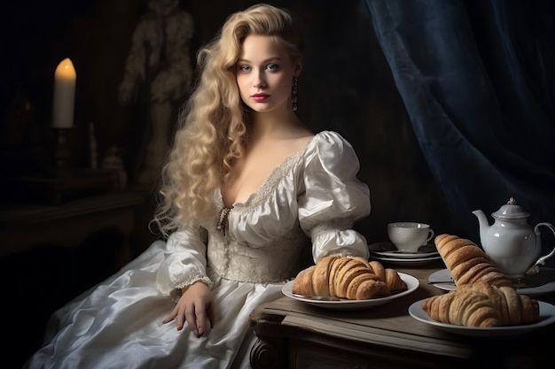 A young woman eats croissants with coffee in a cafe