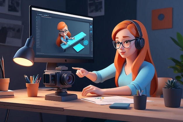 Photo young woman editing video 3d character illustration