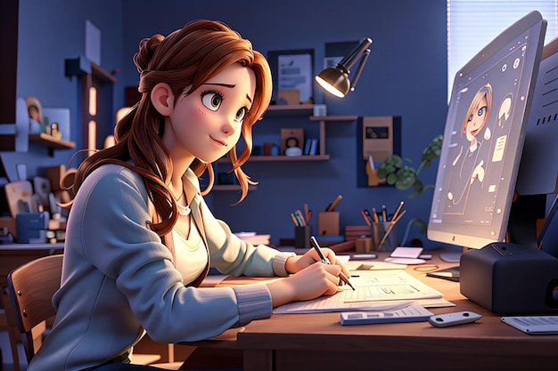 Young woman editing video 3d character illustration