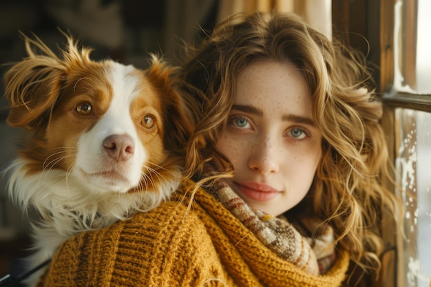 Young Woman Embracing Her Adorable Brown and White Dog at Home Cozy Atmosphere with Natural Light