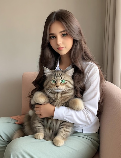 Young Woman Embracing Her Enchanting Siberian Cat with Beautiful Green Eyes on the Living Room Sofa