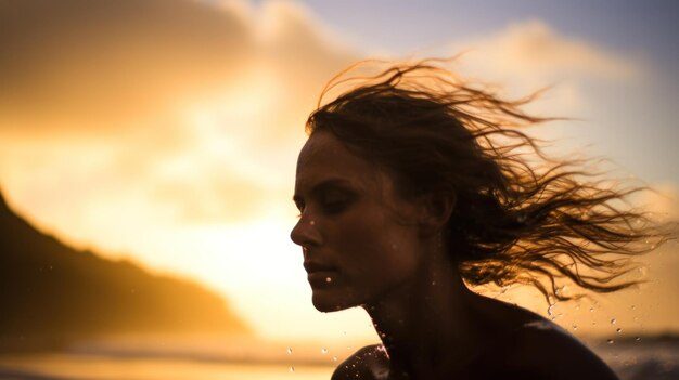 Young woman emerging from the sea on a beach