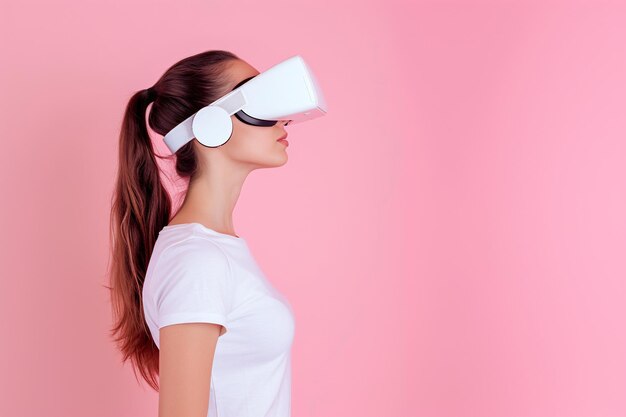 Young Woman Engaged in Virtual Reality Experience Against Pink Background Generative AI