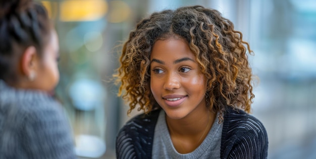 Young woman engaging in friendly conversation indoors with blurred background