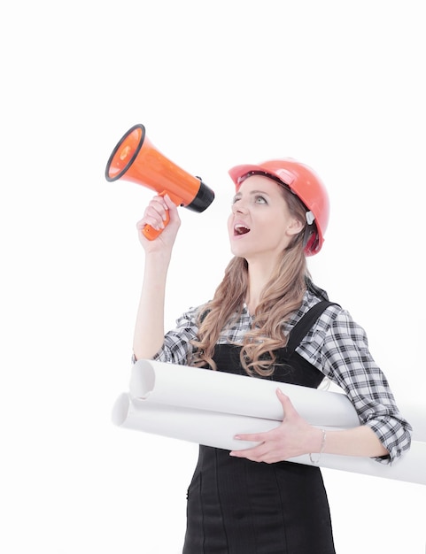 Young woman engineer shouting into a megaphone