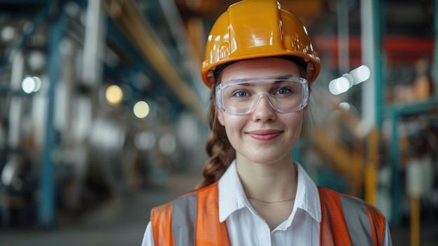 Foto giovane ingegnere donna che indossa occhiali di sicurezza e casco in fabbrica