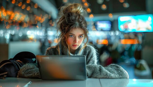 젊은 여자 는 밤 에 노트북 작업 에 몰두 하고 있다